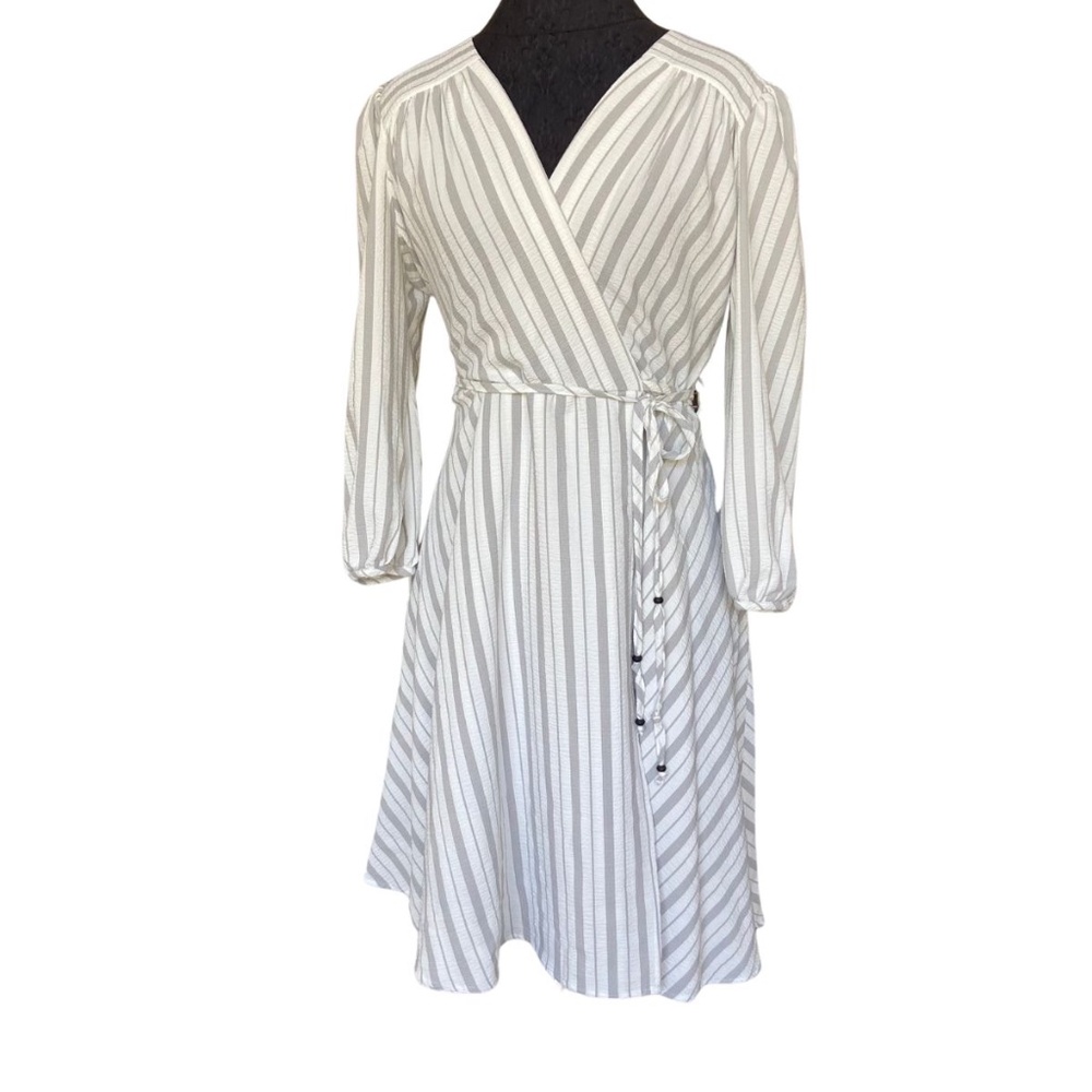 Calvin Klein Midi Wrap Gray and White Striped Dress Women's 12